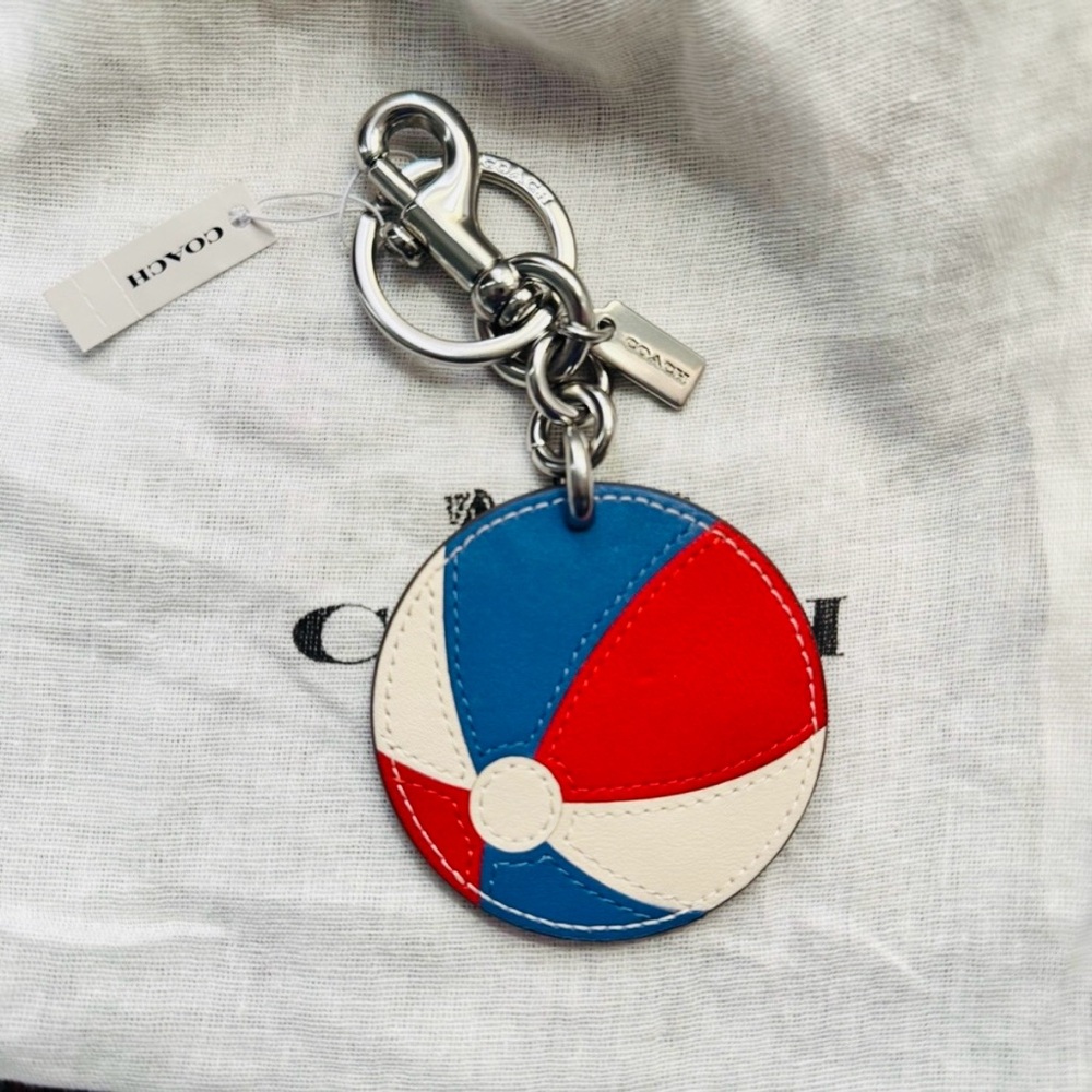 Coach Leather Beach Ball bag charm keychain silver red blue white & dusty - NWT - Picture 1 of 10